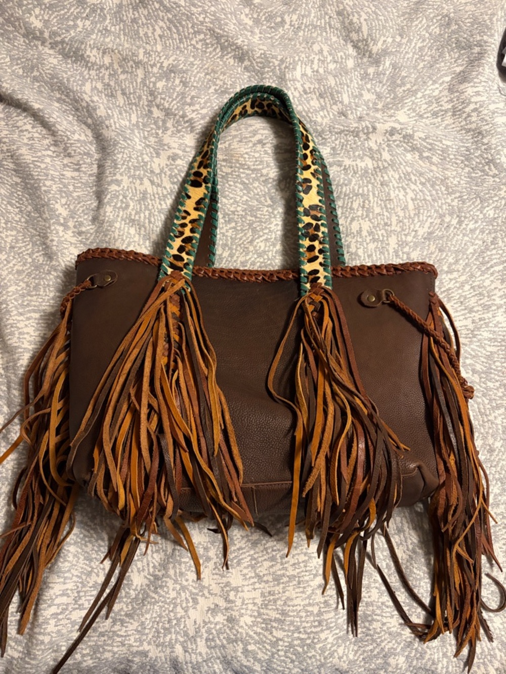 American darling Brown Fringe Tote Bag with Leopard-Trim Handles